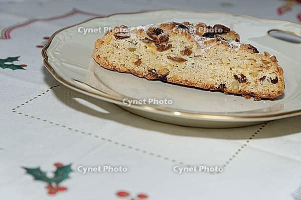 Dresden stollen on a plate, Krefeld, North Rhine-Westphalia, Germany [IBR124631261]