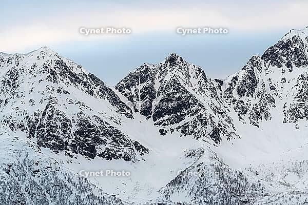 Snowy mountain range, Öksfjord, Finnmark, Norway, April 2019 [IBR124636263]