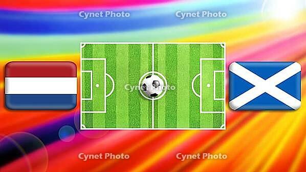 A vibrant football matchup graphic showcasing a central green pitch with a ball, flanked by Netherlands and Scotland flags. A radiant multicolor background adds motion, excitement, and a sense of global competition to this dynamic sports design. created u [IBR124641986]