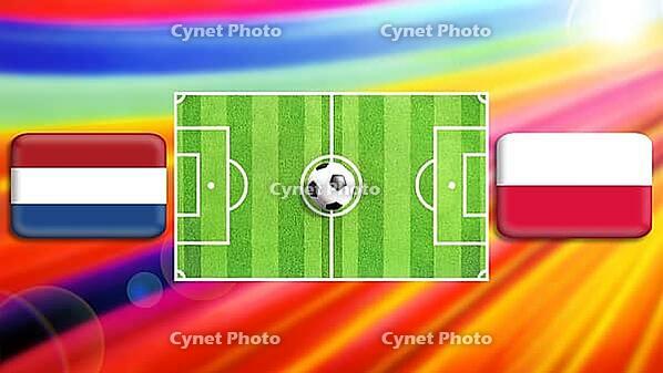 A vibrant football matchup graphic featuring a central green pitch with a ball, flanked by Netherlands and Poland flags. A radiant multicolor background enhances motion, rivalry, and the spirit of global football competition. created using generative AI t [IBR124641987]