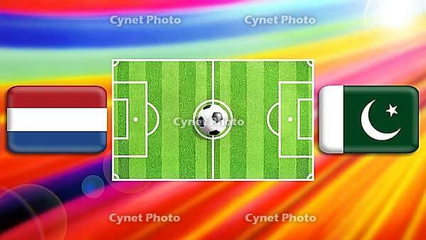 A vibrant football matchup graphic featuring a central green pitch with a ball, flanked by Netherlands and Pakistan flags. The radiant multicolor background enhances motion, rivalry, and the spirit of global football competition. created using generative  [IBR124641988]