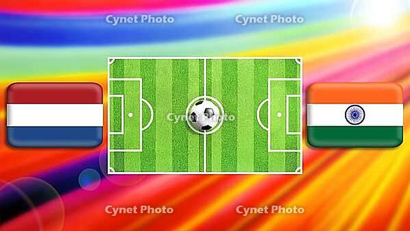 A vivid football showdown featuring a central green pitch with a ball at midfield, flanked by the Netherlands and India flags. The radiant multicolor background amplifies motion, energy, and the spirit of international competition and unity. created using [IBR124641990]