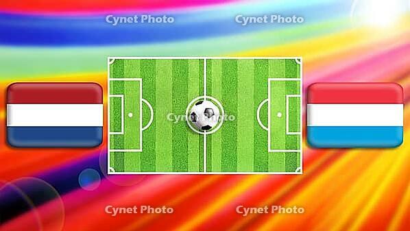 A vibrant football clash featuring a central green pitch and ball, flanked by Netherlands and Luxembourg flags. The radiant multicolor background conveys motion, excitement, and international rivalry in a bold, modern sports illustration. created using ge [IBR124641993]