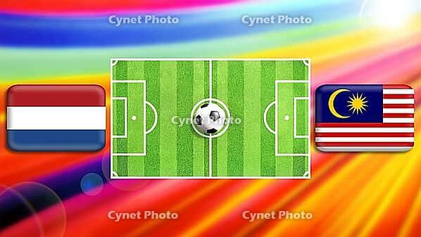 A vivid football matchup illustration with a central green pitch and ball, flanked by Netherlands and Malaysia flags. The radiant multicolor background conveys motion, excitement, and international rivalry in a bold, modern sports scene. created using gen [IBR124641994]