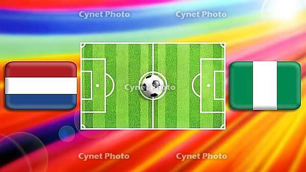 A vibrant football matchup graphic featuring a central green pitch with a ball, flanked by Netherlands and Nigeria flags. A radiant multicolor background enhances the sense of motion, competition, and global sporting excitement. created using generative A [IBR124641995]