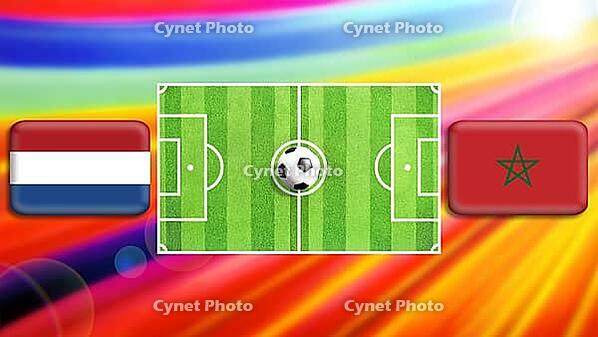 A striking football matchup illustration featuring a central green pitch and ball, with Netherlands and Morocco flags on either side. The radiant multicolor background adds motion, intensity, and global rivalry in a bold, modern sports design. created usi [IBR124641996]