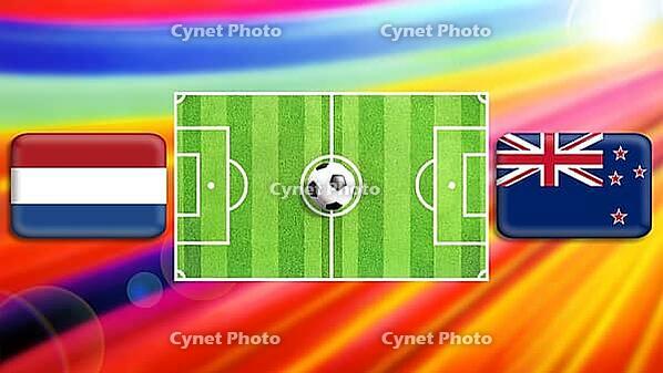 A vibrant football matchup graphic featuring a central green pitch with a ball, flanked by Netherlands and New Zealand flags. The radiant multicolor background adds energy, motion, and global competition to this bold sports-themed design. created using ge [IBR124641997]