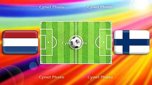 A vivid football showdown scene featuring a central green pitch with a ball at midfield, flanked by the Netherlands and Finland flags. The radiant multicolor background amplifies motion, energy, and the spirit of international competition and unity. creat [IBR124641998]