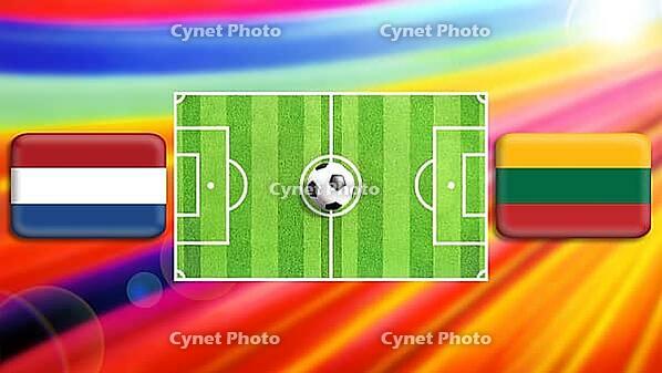 A vibrant football clash illustration featuring a central green pitch and ball, with Netherlands and Lithuania flags on either side. The radiant multicolor background adds motion, energy, and excitement, symbolizing international competition and team prid [IBR124641999]