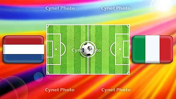 A vivid football matchup scene featuring a central green pitch with a ball at midfield, flanked by Netherlands and Italy flags. The radiant multicolor background conveys energy, motion, and international rivalry in a bold, modern sports illustration. crea [IBR124642000]
