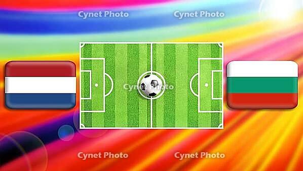 A vivid football showdown featuring a central green pitch with a ball at midfield, flanked by the Netherlands and Bulgaria flags. The radiant multicolor background heightens energy, symbolizing global competition, motion, and the passion of international  [IBR124642001]