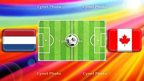 A vivid football showdown scene featuring a central green pitch with a ball at midfield, flanked by the Netherlands and Canada flags. The radiant multicolor background enhances motion, energy, and the excitement of global competition and sporting unity. c [IBR124642002]