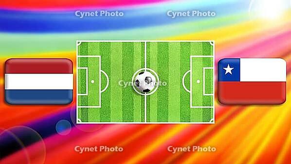 A vivid football faceoff featuring a central green pitch with a ball at midfield, flanked by the Netherlands and Chile flags. The radiant multicolor background enhances motion, energy, and the thrill of international competition and unity. created using g [IBR124642003]