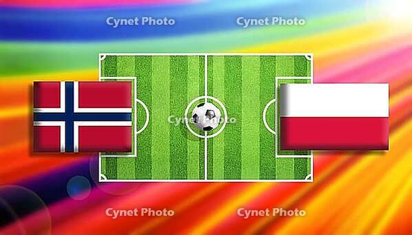 Striking football matchup artwork featuring Norway and Poland flags flanking a vivid green soccer pitch with a centered ball, set against a radiant rainbow gradient background, capturing international rivalry, motion, and dynamic sporting energy created u [IBR124642006]