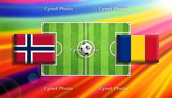 Dynamic football matchup artwork featuring Norway and Romania flags flanking a vivid green soccer pitch with a centered ball, set against a radiant rainbow gradient background, symbolizing international competition, energy, and vibrant sports design creat [IBR124642008]
