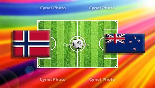 Striking football matchup artwork featuring Norway and New Zealand flags framing a vibrant green soccer field with a centered ball, set against a radiant rainbow gradient background, symbolizing global competition, motion, and dynamic sporting energy crea [IBR124642009]