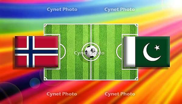 Dynamic football clash illustration featuring Norway and Pakistan flags flanking a vibrant green soccer pitch with a centered ball, set against a radiant rainbow gradient background, symbolizing international rivalry, motion, and energetic sporting spirit [IBR124642010]