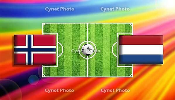 Vivid football matchup scene featuring Norway and Netherlands flags on either side of a lush green soccer pitch with a centered ball, set against a radiant rainbow gradient background, capturing international competition, motion, and bold sporting energy  [IBR124642012]