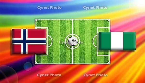Bold football showdown artwork featuring Norway and Nigeria flags flanking a vivid green soccer pitch with a centered ball, set against a radiant rainbow gradient background, symbolizing global competition, motion, and energetic sporting rivalry created u [IBR124642013]