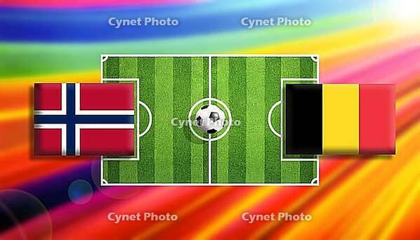 Vivid digital illustration of a soccer faceoff between Norway and Belgium flags flanking a lush green pitch with a centered ball, set against a radiant rainbow gradient backdrop that amplifies motion, rivalry, and global football excitement created using  [IBR124642014]