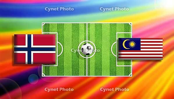 Vibrant football matchup illustration featuring Norway and Malaysia flags facing off across a lush green soccer pitch with a centered ball, set against a radiant rainbow gradient background, capturing motion, rivalry, and global sporting energy created us [IBR124642015]