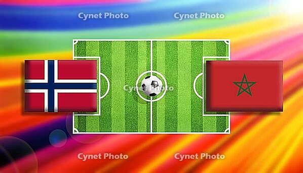 Dynamic football face-off illustration showing Norway and Morocco flags flanking a vivid green soccer pitch with a central ball, set against a radiant rainbow gradient background, symbolizing international rivalry, motion, and vibrant sporting energy crea [IBR124642017]