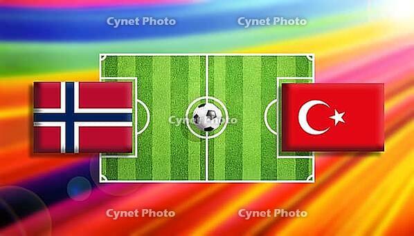 Dynamic football matchup illustration featuring Norway and Turkey flags facing off across a vivid green soccer pitch with a centered ball, set against a radiant multicolor gradient background, symbolizing international rivalry, motion, and global sporting [IBR124642018]