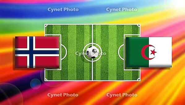 Vibrant digital illustration of a soccer match concept featuring Norway and Algeria flags facing off on a stylized green pitch with a central ball, set against a radiant rainbow gradient background symbolizing energy, competition, and international sports [IBR124642019]