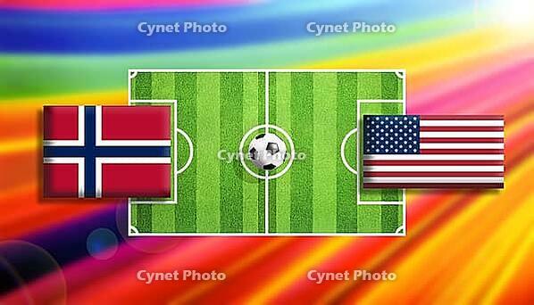 Dynamic football matchup showcasing Norway and USA flags flanking a vivid green soccer field with a centered ball, set against a radiant rainbow gradient background, symbolizing global competition, energy, and modern sports design created using generative [IBR124642020]