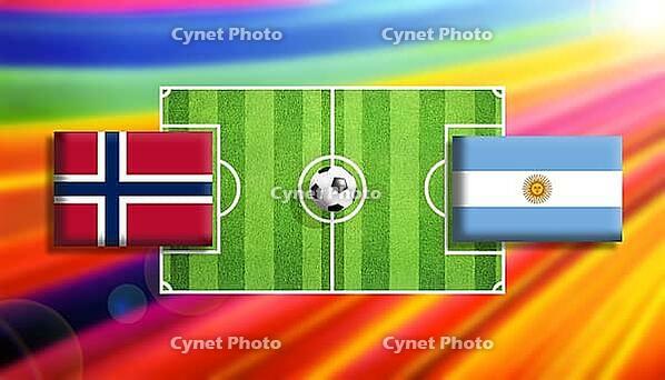 Colorful digital artwork depicting a soccer faceoff between Norway and Argentina flags positioned on a vivid green pitch with a centered ball, set against a radiant rainbow gradient background expressing motion, rivalry, and global sports excitement creat [IBR124642021]