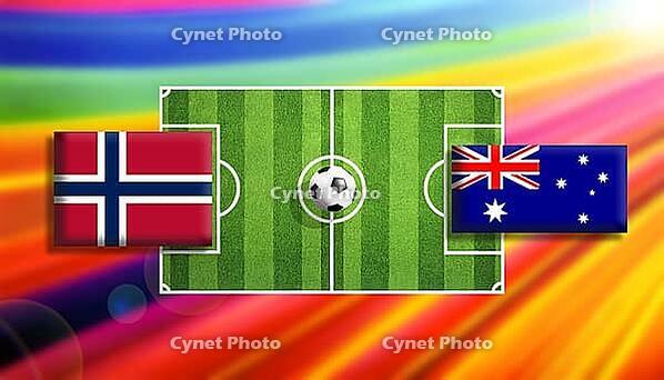 Striking digital illustration of a soccer showdown featuring Norway and Australia flags flanking a lush green pitch with a centered ball, illuminated by a vivid rainbow gradient background that conveys motion, rivalry, and global sporting energy created u [IBR124642022]