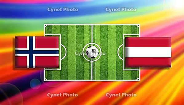 Bold digital illustration of a soccer matchup between Norway and Austria flags set on a vivid green pitch with a centered ball, surrounded by a radiant rainbow gradient backdrop that captures motion, rivalry, and international sporting intensity created u [IBR124642023]