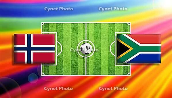 Vivid football match concept featuring Norway and South Africa flags facing off across a detailed green soccer pitch with a central ball, set against a radiant multicolor gradient background, symbolizing global competition, unity, and dynamic sports energ [IBR124642024]