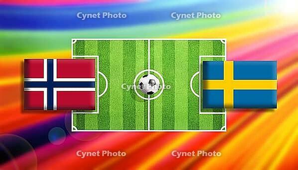 Bold football rivalry scene featuring Norway and Sweden flags facing each other across a detailed green soccer field with a central ball, set against a vivid multicolor gradient background, capturing Nordic competition, energy, and dynamic sports design c [IBR124642025]