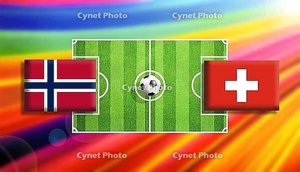 High-energy football matchup illustration featuring Norway and Switzerland flags facing each other across a detailed green soccer pitch with a central ball, set against a radiant multicolor gradient background, symbolizing European rivalry, balance, and d [IBR124642026]