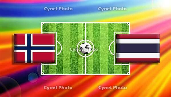 Vibrant football matchup illustration featuring Norway and Thailand flags facing off across a detailed green soccer field with a central ball, set against a radiant multicolor gradient background, symbolizing global competition, contrast, and dynamic spor [IBR124642027]