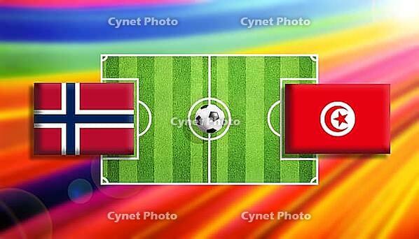 Dynamic football matchup illustration featuring Norway and Tunisia flags positioned across a vibrant green soccer pitch with a centered ball, set against a radiant multicolor gradient background, symbolizing international competition, energy, and global u [IBR124642029]
