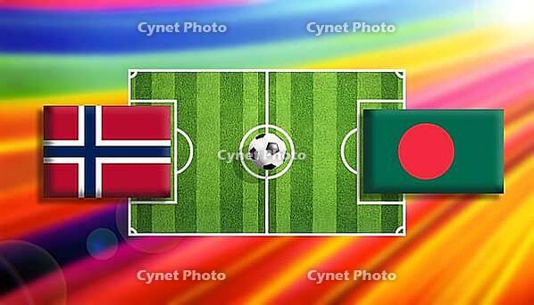 Dynamic digital illustration of a soccer clash between Norway and Bangladesh flags positioned on a bright green pitch with a central ball, set against a vivid rainbow gradient background that radiates motion, contrast, and global sporting excitement creat [IBR124642030]