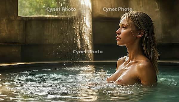 Blonde woman sitting in an old natural stone and rock pool, spa, wellness, relaxation, pool, natural pond, outdoor, nude photo, nude photo, nude photography, naked, naked, naked, slim, sexy, erotic, health, water treatment, bathing, spa, body care, oasis, [IBR124642031]