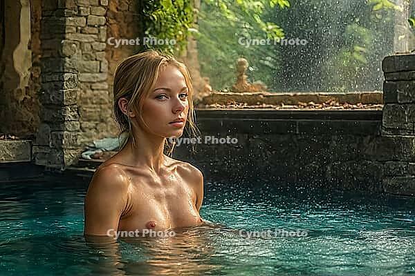 Blonde woman sitting in an old natural stone and rock pool, spa, wellness, relaxation, pool, natural pond, outdoor, nude photo, nude photo, nude photography, naked, naked, naked, slim, sexy, erotic, health, water treatment, bathing, spa, body care, oasis, [IBR124642033]