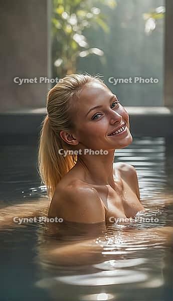 Blonde woman sitting in an old natural stone and rock pool, spa, wellness, relaxation, pool, natural pond, outdoor, nude photo, nude photo, nude photography, naked, naked, naked, slim, sexy, erotic, health, water treatment, bathing, spa, body care, oasis, [IBR124642035]