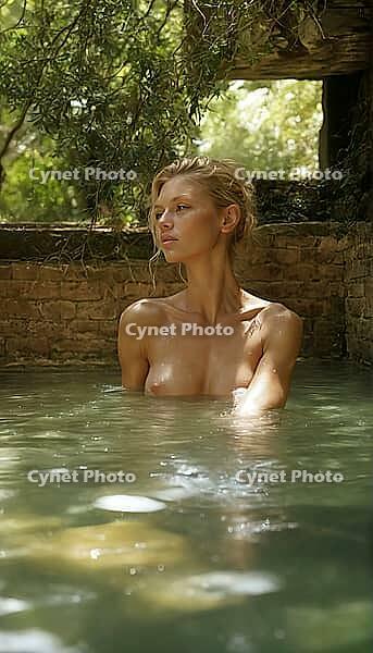 Blonde woman sitting in an old natural stone and rock pool, spa, wellness, relaxation, pool, natural pond, outdoor, nude photo, nude photo, nude photography, naked, naked, naked, slim, sexy, erotic, health, water treatment, bathing, spa, body care, oasis, [IBR124642036]