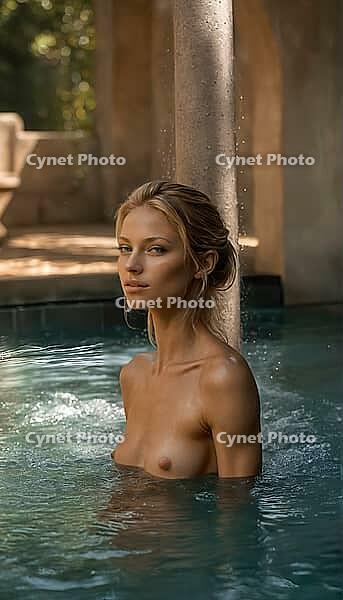 Blonde woman sitting in an old natural stone and rock pool, spa, wellness, relaxation, pool, natural pond, outdoor, nude photo, nude photo, nude photography, naked, naked, naked, slim, sexy, erotic, health, water treatment, bathing, spa, body care, oasis, [IBR124642037]