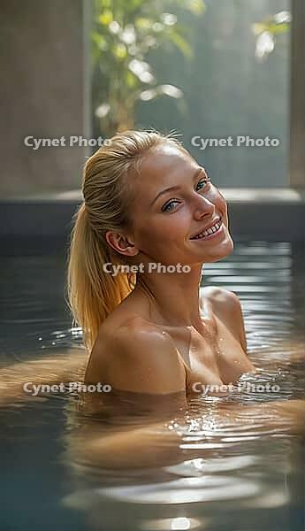 Blonde woman sitting in an old natural stone and rock pool, spa, wellness, relaxation, pool, natural pond, outdoor, nude photo, nude photo, nude photography, naked, naked, naked, slim, sexy, erotic, health, water treatment, bathing, spa, body care, oasis, [IBR124642039]