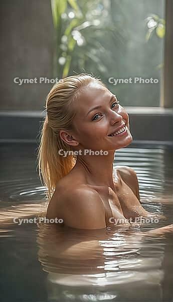 Blonde woman sitting in an old natural stone and rock pool, spa, wellness, relaxation, pool, natural pond, outdoor, nude photo, nude photo, nude photography, naked, naked, naked, slim, sexy, erotic, health, water treatment, bathing, spa, body care, oasis, [IBR124642040]