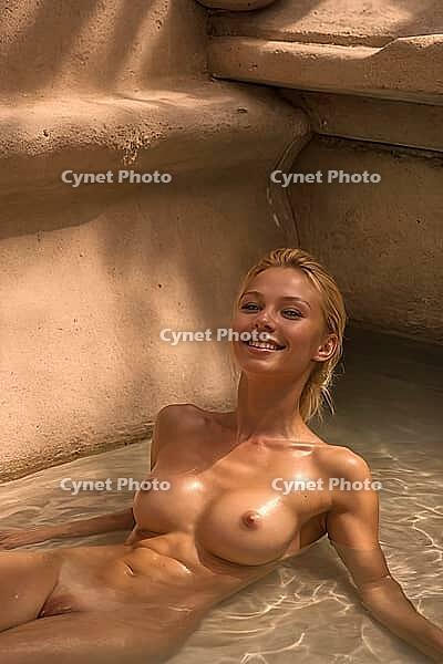 Blonde woman sitting in an old natural stone and rock pool, spa, wellness, relaxation, pool, natural pond, outdoor, nude photo, nude photo, nude photography, naked, naked, naked, slim, sexy, erotic, health, water treatment, bathing, spa, body care, oasis, [IBR124642041]