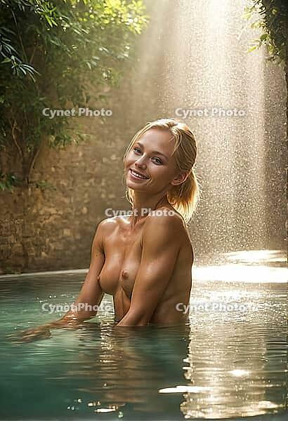 Blonde woman sitting in an old natural stone and rock pool, spa, wellness, relaxation, pool, natural pond, outdoor, nude photo, nude photo, nude photography, naked, naked, naked, slim, sexy, erotic, health, water treatment, bathing, spa, body care, oasis, [IBR124642042]