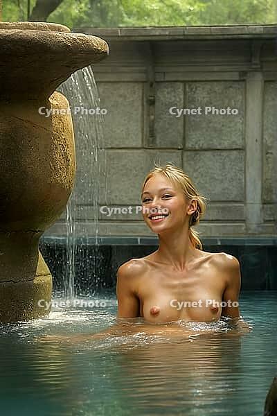 Blonde woman sitting in an old natural stone and rock pool, spa, wellness, relaxation, pool, natural pond, outdoor, nude photo, nude photo, nude photography, naked, naked, naked, slim, sexy, erotic, health, water treatment, bathing, spa, body care, oasis, [IBR124642047]