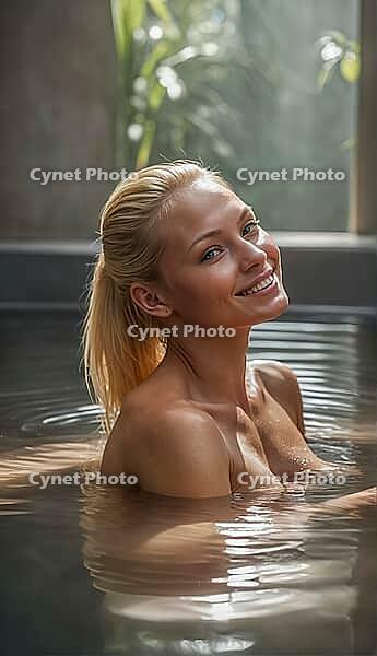 Blonde woman sitting in an old natural stone and rock pool, spa, wellness, relaxation, pool, natural pond, outdoor, nude photo, nude photo, nude photography, naked, naked, naked, slim, sexy, erotic, health, water treatment, bathing, spa, body care, oasis, [IBR124642048]