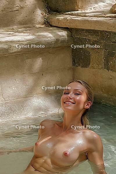 Blonde woman sitting in an old natural stone and rock pool, spa, wellness, relaxation, pool, natural pond, outdoor, nude photo, nude photo, nude photography, naked, naked, naked, slim, sexy, erotic, health, water treatment, bathing, spa, body care, oasis, [IBR124642049]
